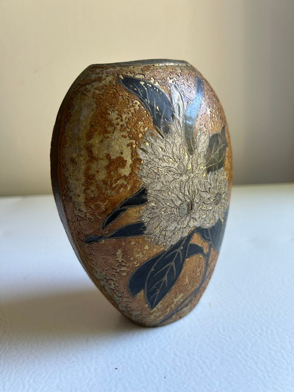 Antique 1930s Signed A. Delbaux French Painted Brass Vase w/ Floral Theme, Heavy